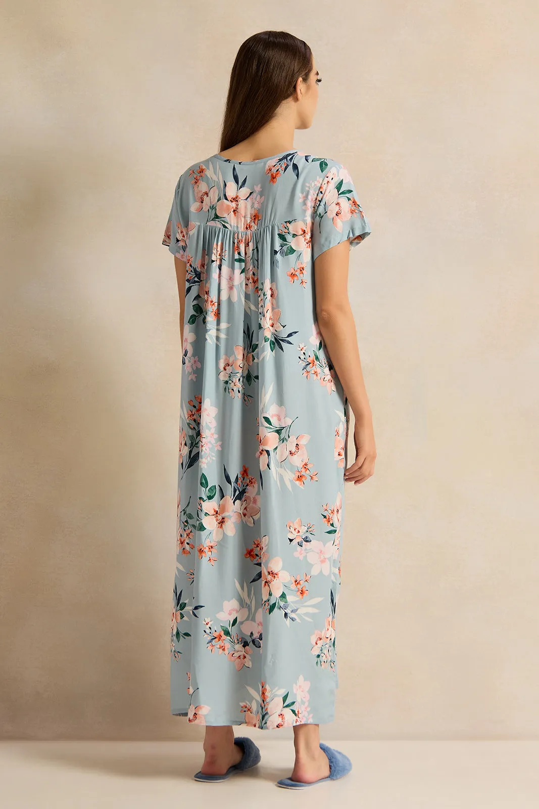 Women Blue Printed Night Gown