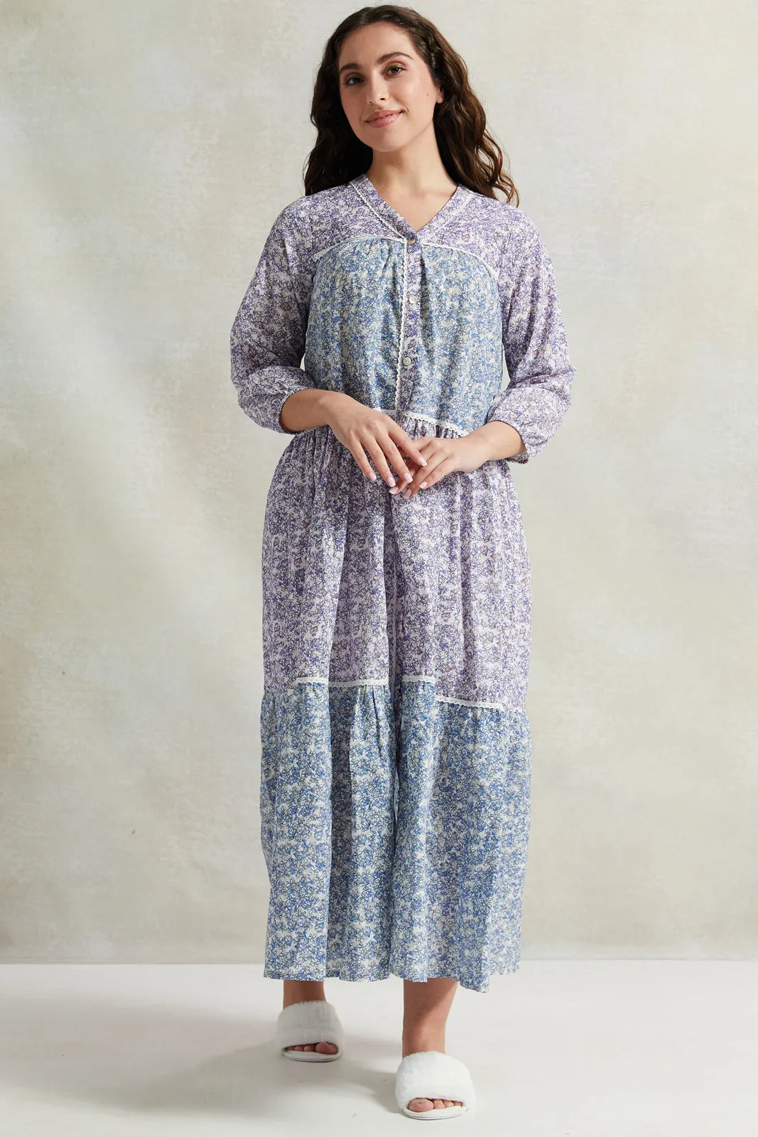 Women Lilac Tiered Lace Nightgown